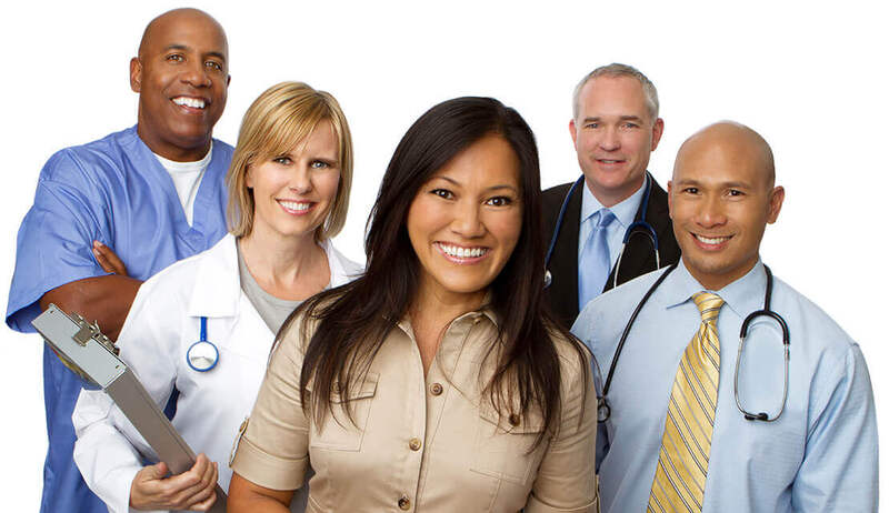 Two female healthcare workers and three male healthcare workers